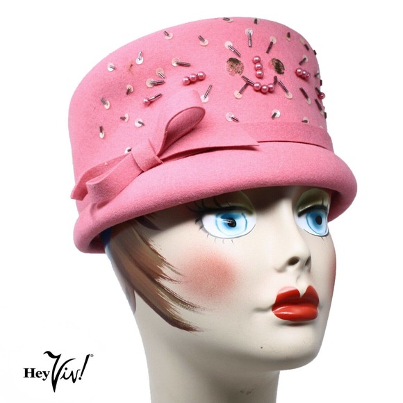Henry Pollak Accessories - Vintage Pink Wool Cloche Hat w Beads & Sequins, Glenover, Henry Pollak - Hey Viv